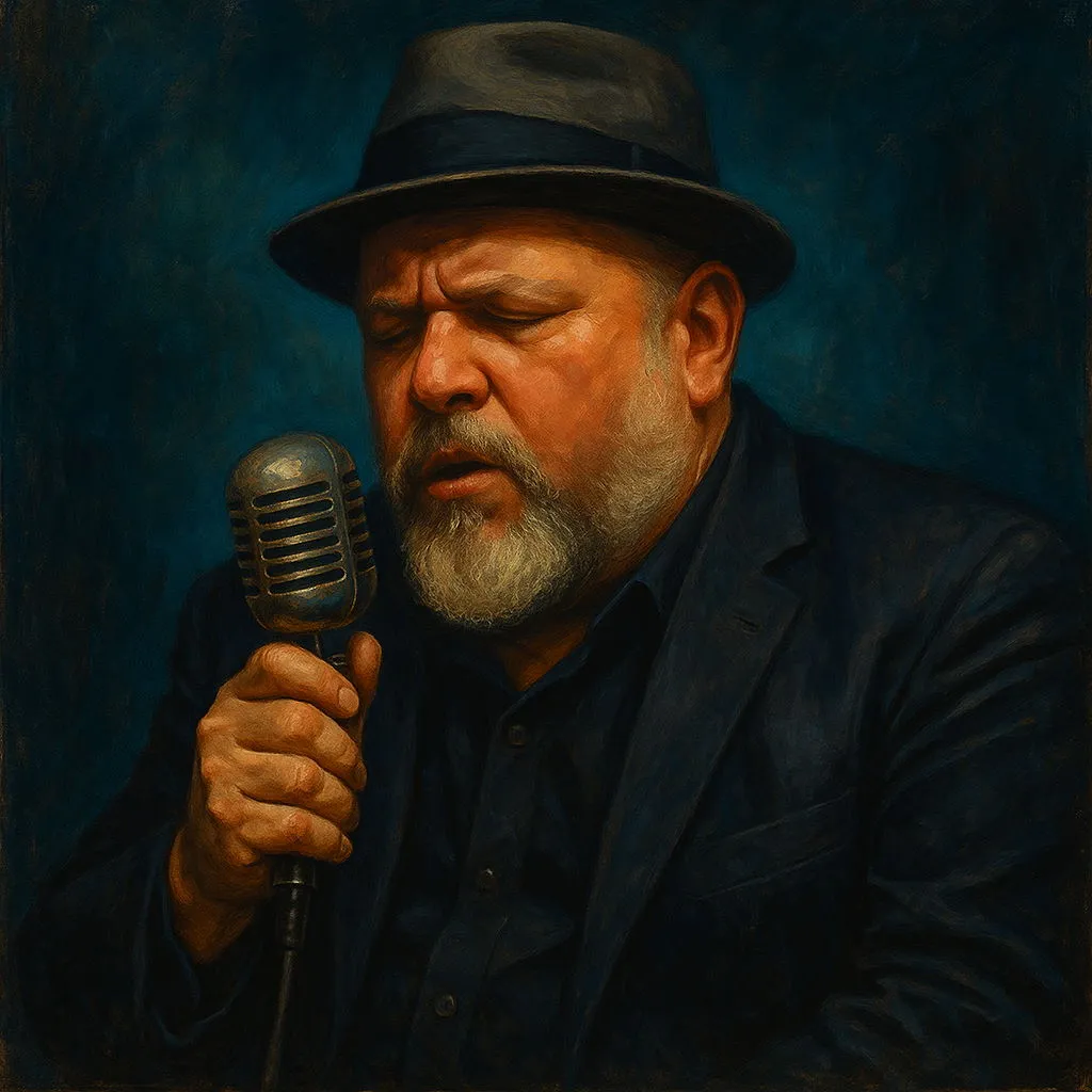 A bearded man in a fedora sings into a vintage microphone against a dark blue background.