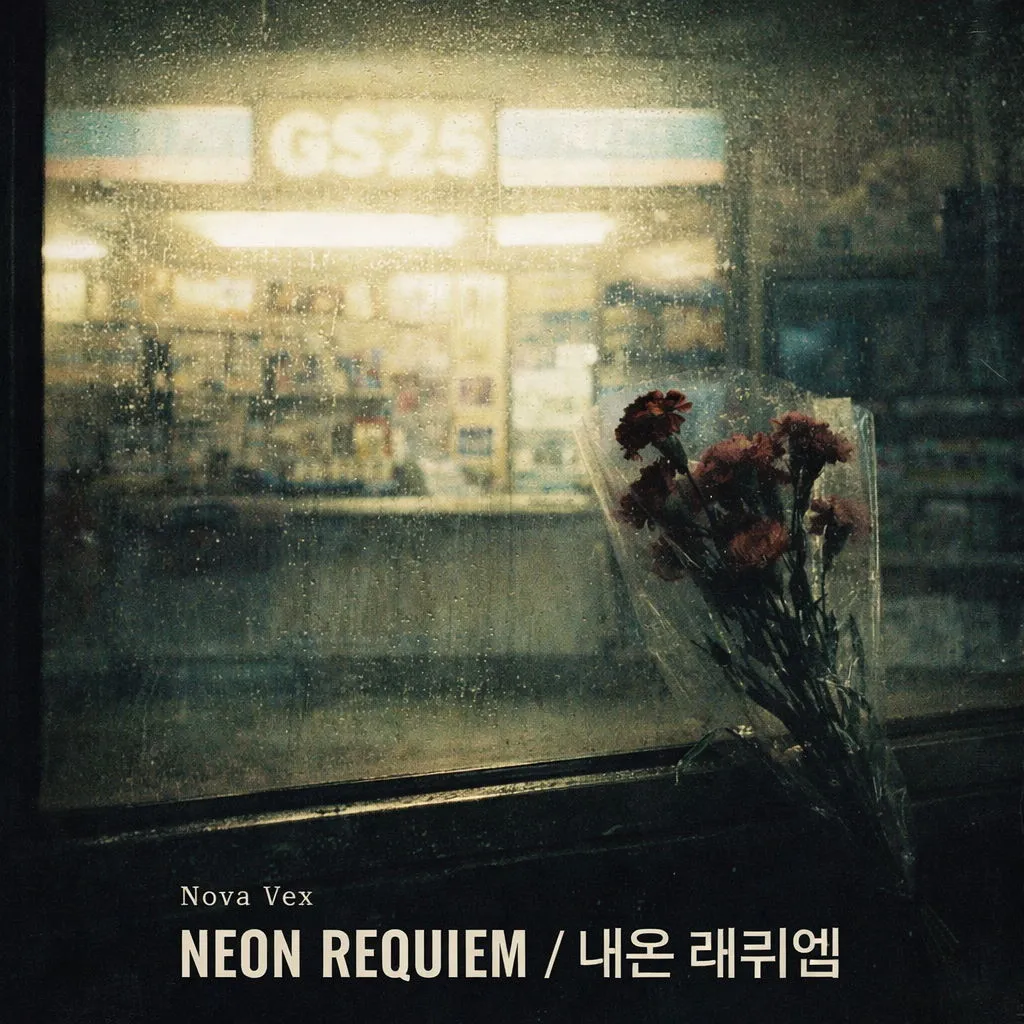 A bouquet of dark red flowers rests against a rainy convenience-store window.