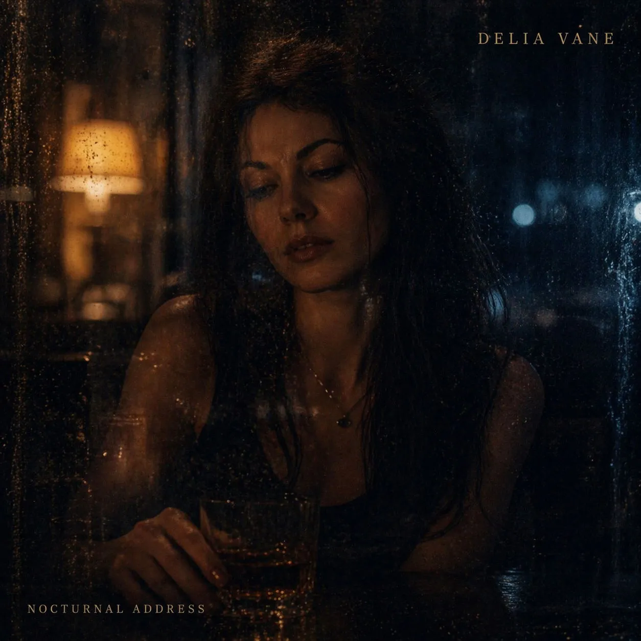 A woman holding a drink is reflected in a rain-streaked nighttime window.