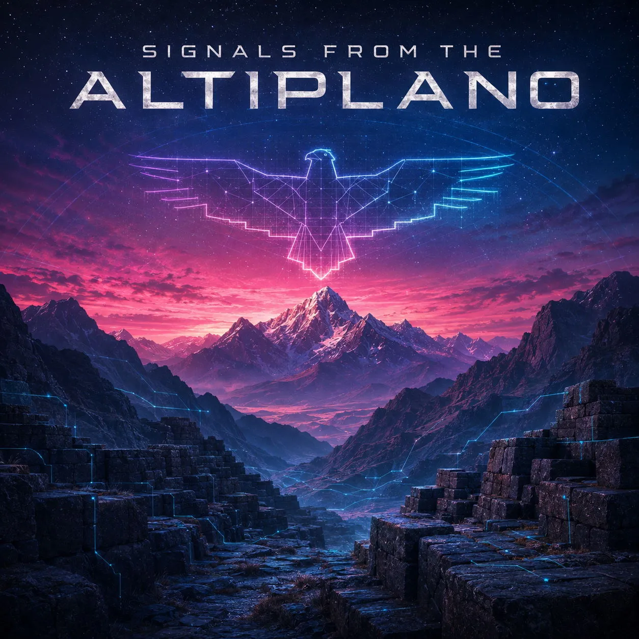 A glowing geometric condor hovers above mountain peaks and stone ruins traced with blue light at sunset.