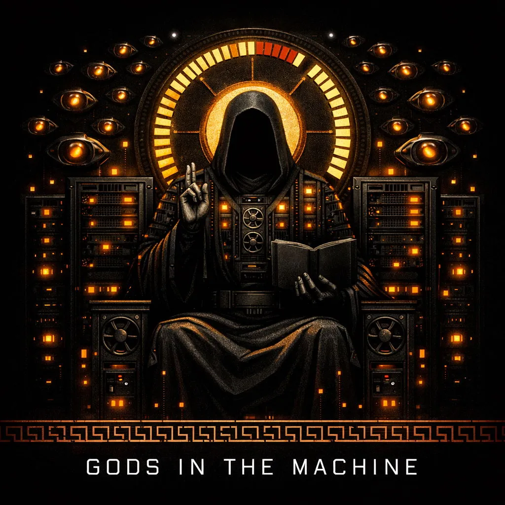 A hooded, faceless figure reads before glowing server racks and a ring of eyes.