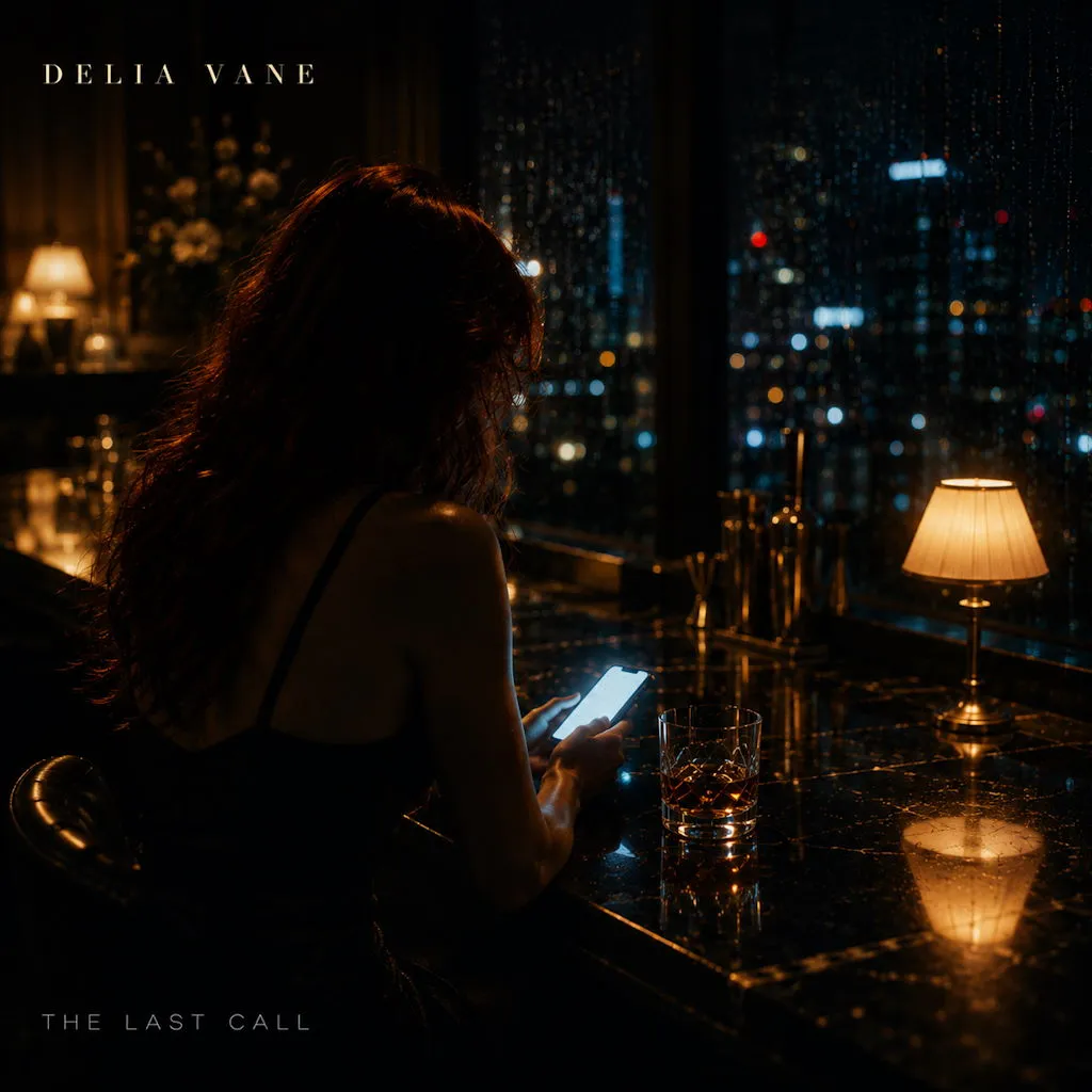 A woman checks her phone at a dark bar overlooking a rain-soaked city at night.